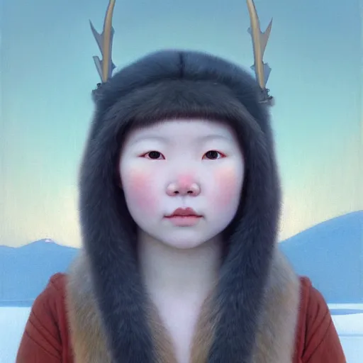 Prompt: a ultradetailed beautiful painting of a inuit canadian girl by hsiao ron cheng, ngai victo, nivanh chanthara jean delville wlop and dougherty patrick, trending on artstation, alaska, light sparkles, major arcana sky, sharp focus, soft light