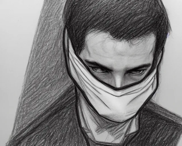 Image similar to draft drawing of a european young man covering face with fabric mask, draft sketch, trending on artstation, context art, pencil sketch, high detail