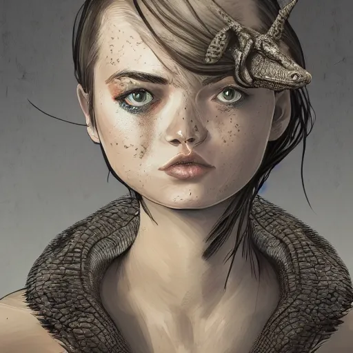 Image similar to a crocodile girl upper body, a portrait, looking at the viewer, digital painting, trending on artstation, high quality, high detail