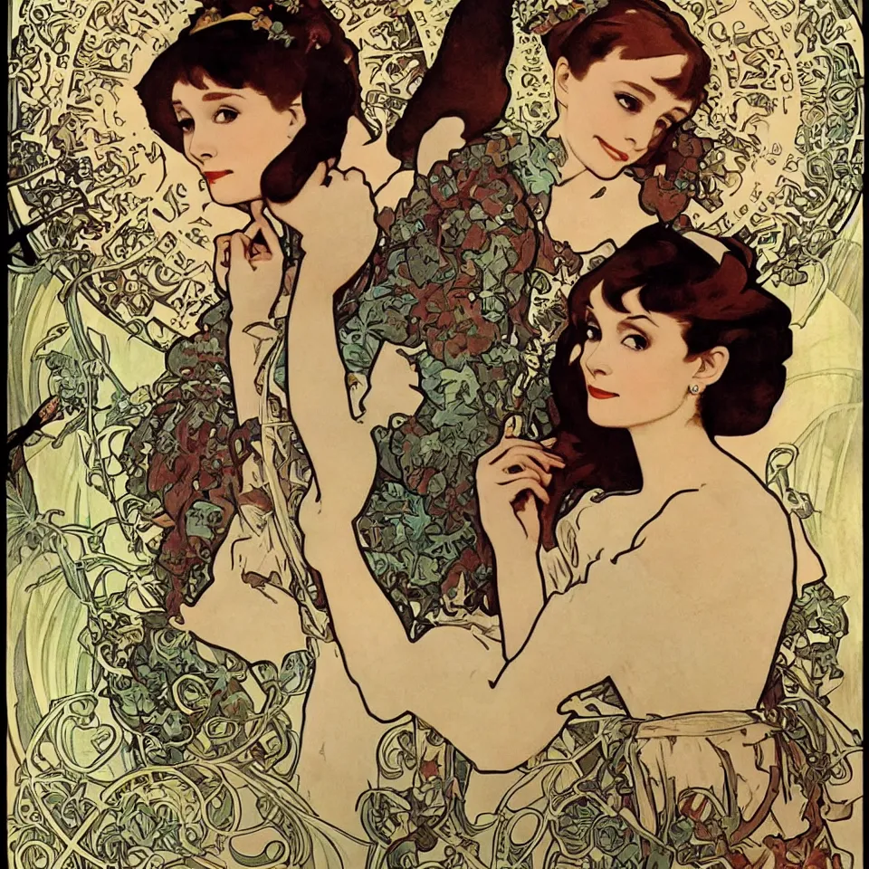 Image similar to audrey hepburn in breakfast at tiffany's by alphonse mucha, art nouveau