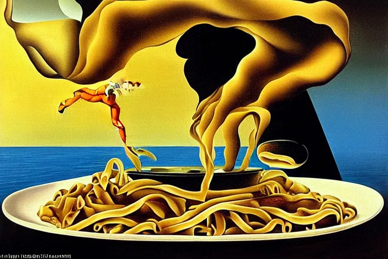 Prompt: olympic diver diving into a dish of pasta, detailed surrealist painting by salvador dali
