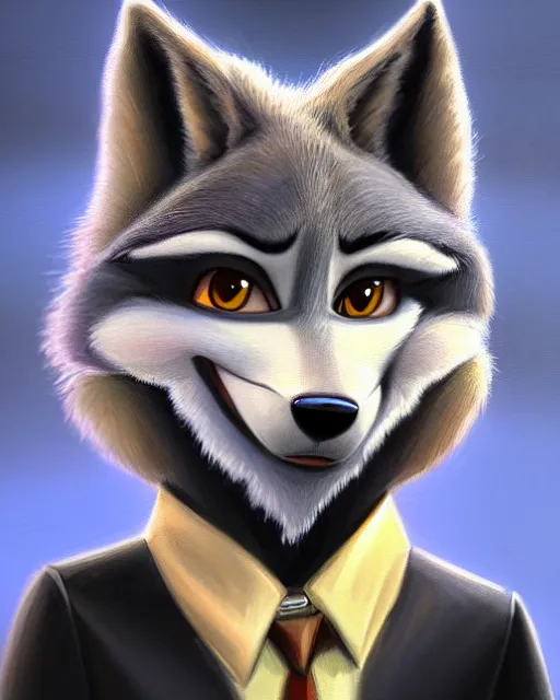 Image similar to oil painting of anthromorphic female wolf, in style of zootopia, female fursona, furry, furaffinity, 4 k, deviantart, furry art, fursona art, wearing black business suit, business suit, wolf fursona, female, very expressive detailed feminine face,