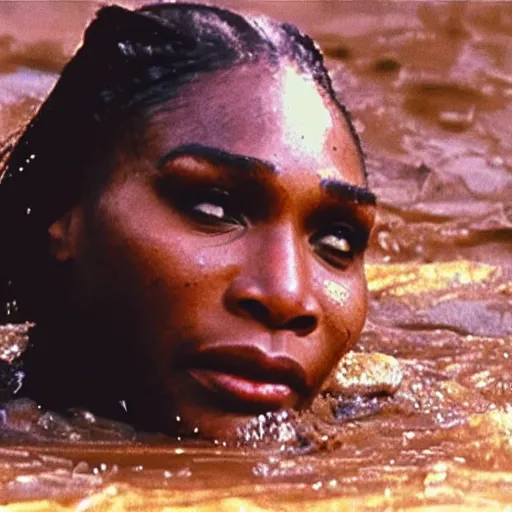 Prompt: film still, close up, serena williams rising out of muddy vietnam river, face covered in mud, low camera angle at water level, night time, film still from apocalypse now ( 1 9 7 9 ), 2 6 mm.