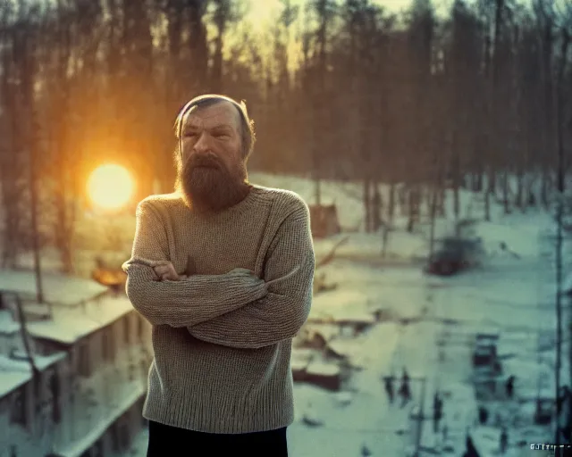 Image similar to award - winning lomographic tarkovsky film still of 4 0 years russian man with beard and sweater standing on small hrushevka 9 th floor balcony in taiga looking at sunset, cinestill, bokeh