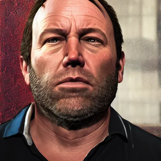 Image similar to hyperrealistic mixed media image of info wars alex jones as trevor in gta v, stunning 3 d render inspired art by xiang duan and thomas eakes and greg rutkowski, perfect facial symmetry, hyper realistic texture, realistic, highly detailed attributes and atmosphere, dim volumetric cinematic lighting, 8 k octane detailed render, post - processing, masterpiece,