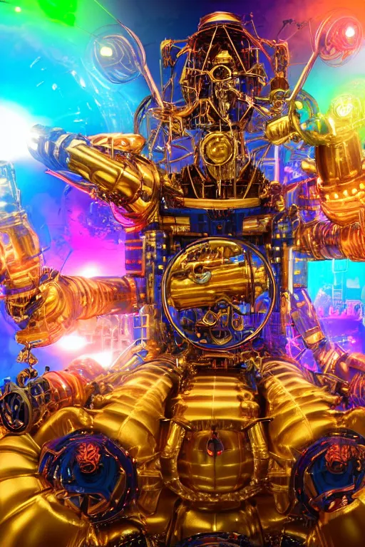 Image similar to portrait photo of a giant huge golden and blue metal futuristic steampunk robot covered with multicolored big gears and tubes, a huge steampunk drumset, eyes are glowing red lightbulbs, shiny crisp finish, 3 d render, 8 k, insaneley detailed, fluorescent colors, background is multicolored lasershow