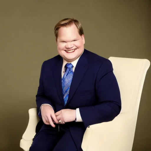 Prompt: Andy Richter wearing a blue dress shirt, necktie, navy dress pants sitting in a chair petting a calico cat