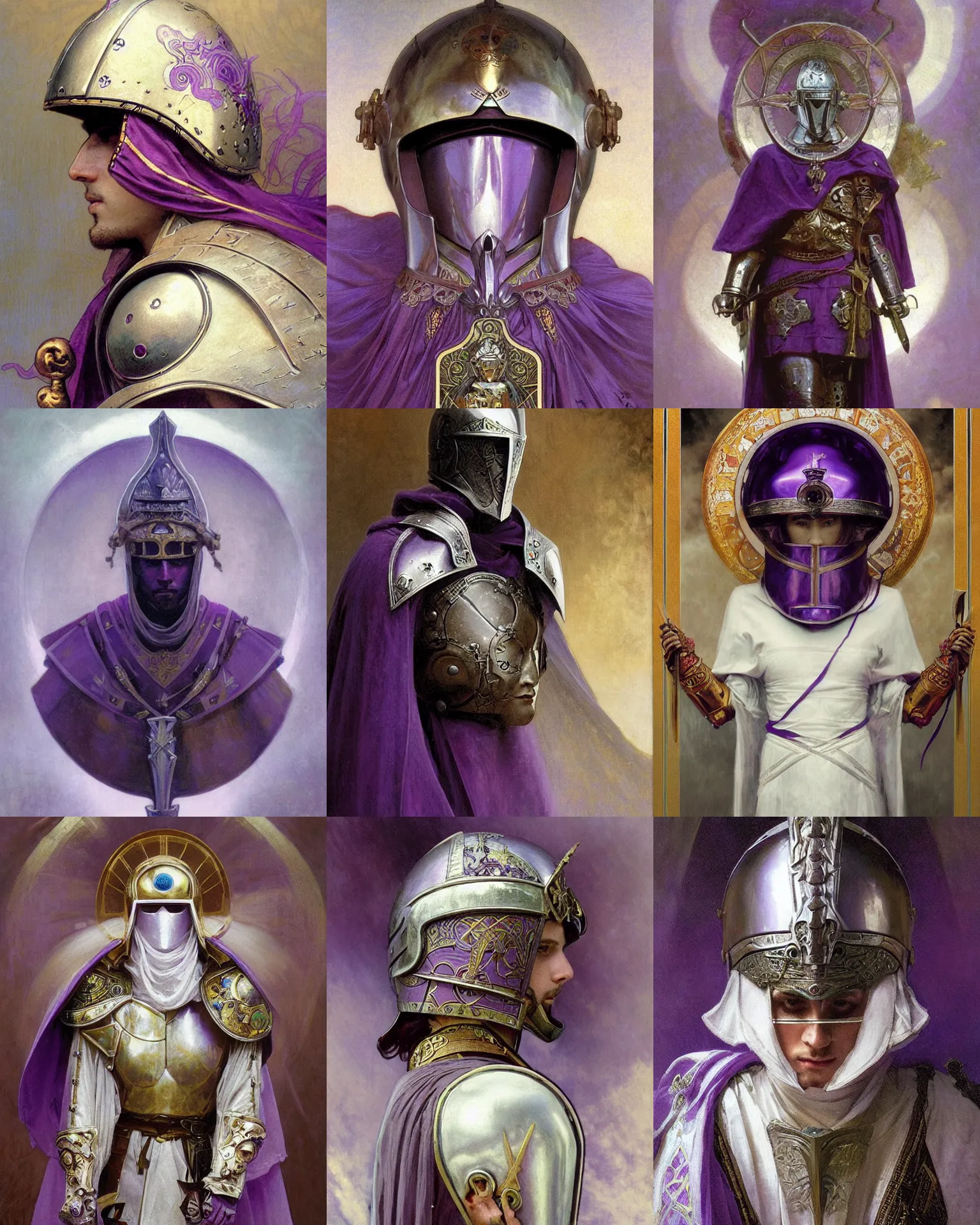 Prompt: portrait of a divine helmet helmet helmet knight dressed in purple robes and, knight helmet, silver crown, runes, jewelry, mystical, ethereal, magical white fog, painting by greg rutkowski and alphonse mucha