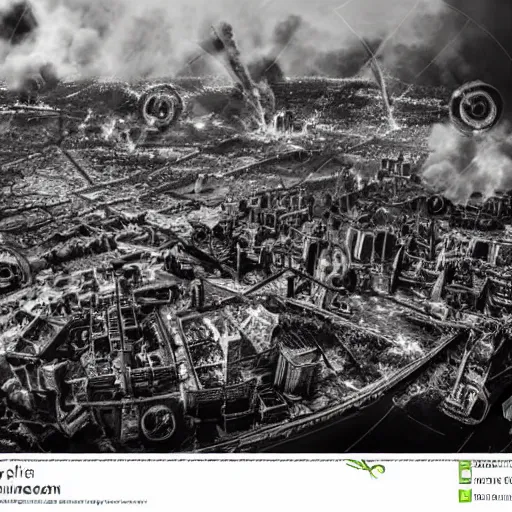 Image similar to steampunk city skylines engulfed in flames, huge fires, explosions everywhere, bird's eye view, cinematic, very detailed, black and white photograph