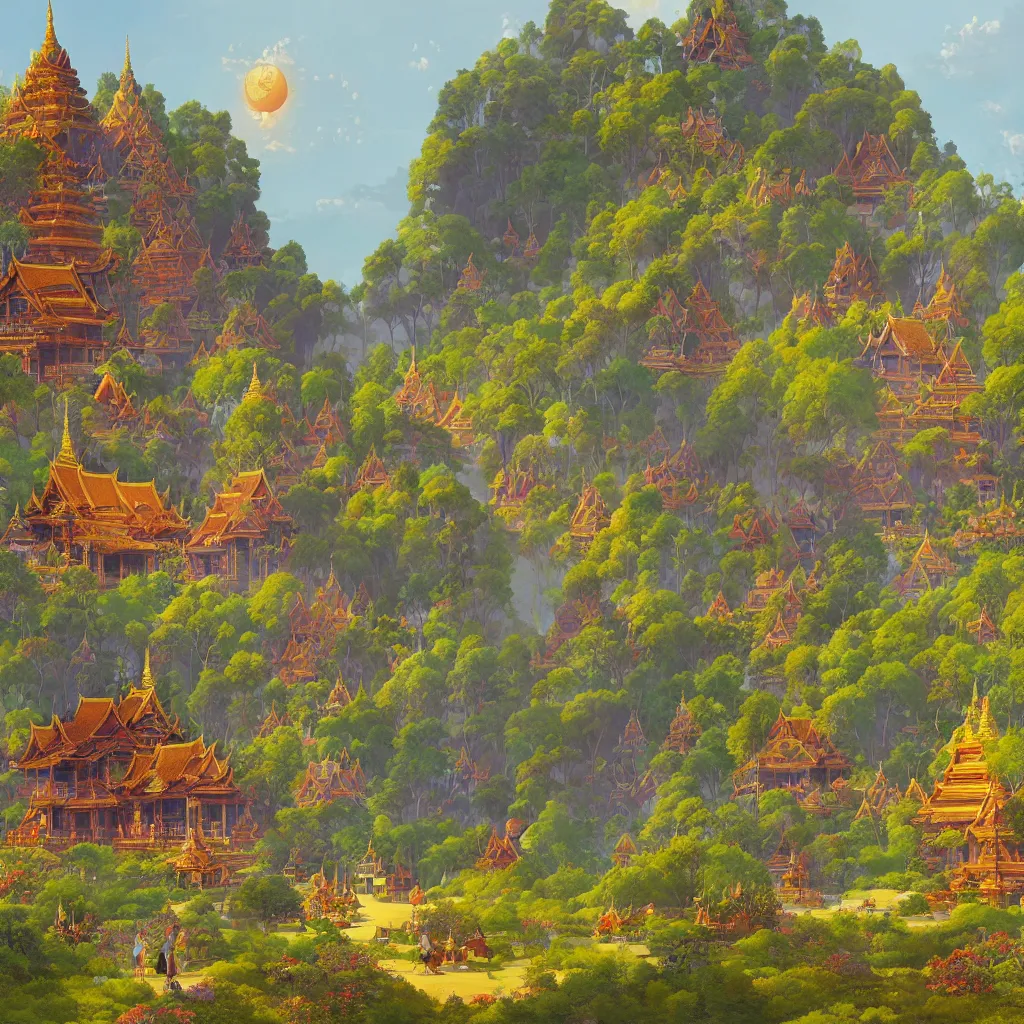 Image similar to summer morning, thai temple, rolling mountain, very coherent and colorful high contrast, art by gediminas pranckevicius, geof darrow, franz sedlacek, dark shadows, hard lighting