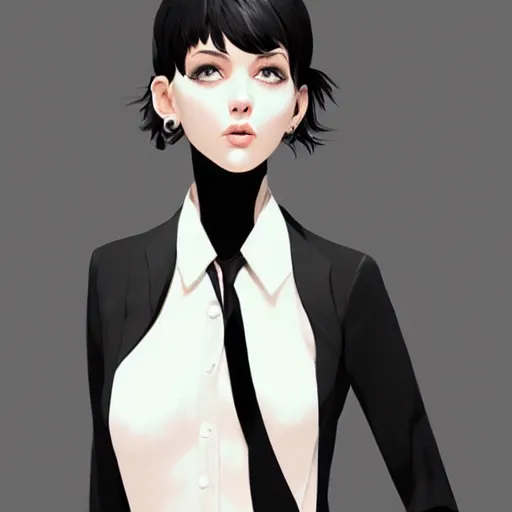 Image similar to slim girl in tuxedo with short black hair, elegant, 2d, ultra highly detailed, digital painting, smooth, sharp focus, artstation, portrait art by Ilya Kuvshinov