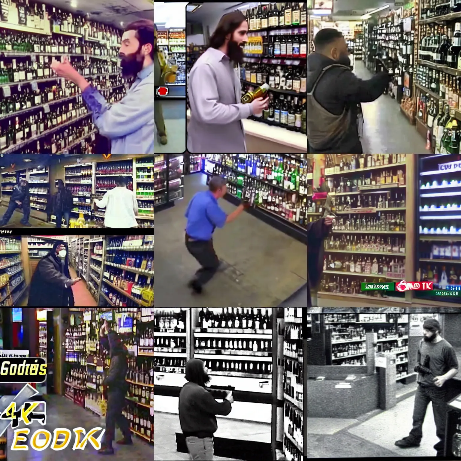 Prompt: cctv footage of jesus robbing a liquor store, holding a glock, caught in 4 k, realistic, news