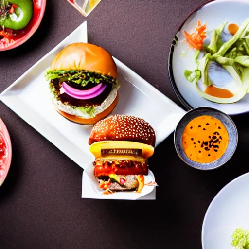 Prompt: a burger made out of sushi, food photography, michelin star