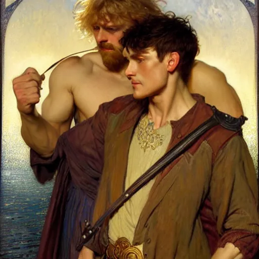 Image similar to manly arthur pendragon and manly merlin. focus on their faces. highly detailed painting by gaston bussiere, j. c. leyendecker, alphonse mucha, greg rutkowski, 8 k