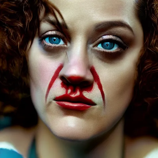 Prompt: a beautiful photography of Marion Cotillard playing the clown from it, photorealistic, Canon eos M50, 50mm, cinematic, trending on Artstation