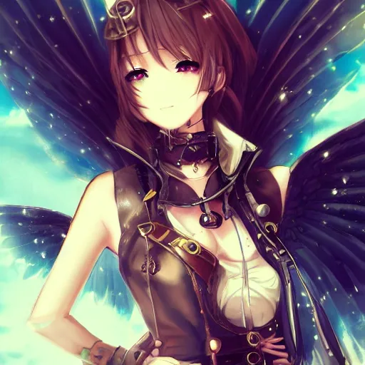 Prompt: anime girl with steampunk wings and steampunk weapons, portrait, finely detailed, epic, intense, cinematic lighting,