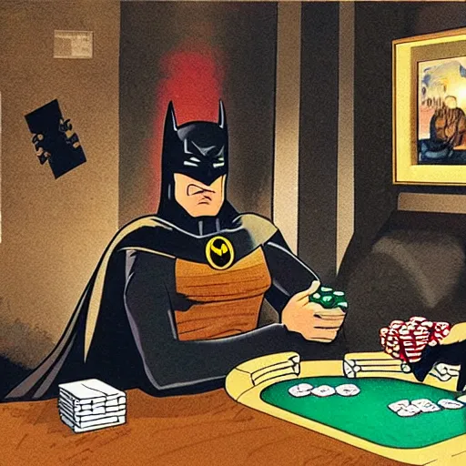 Prompt: batman playing poker and winning in a museum, photograph of, extremely detailed