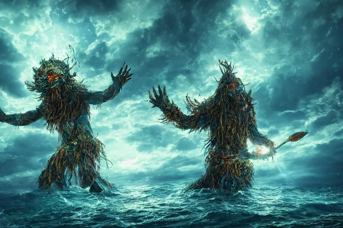 Prompt: colossal shaman god destroying very living thing in the ocean, cast across the night sky, 8 k, ultra realistic, lens flare, atmosphere, glow, detailed, intricate, full of colour, cinematic lighting, trending on artstation, 4 k, hyperrealistic, focused, extreme details, unreal engine 5, cinematic, masterpiece