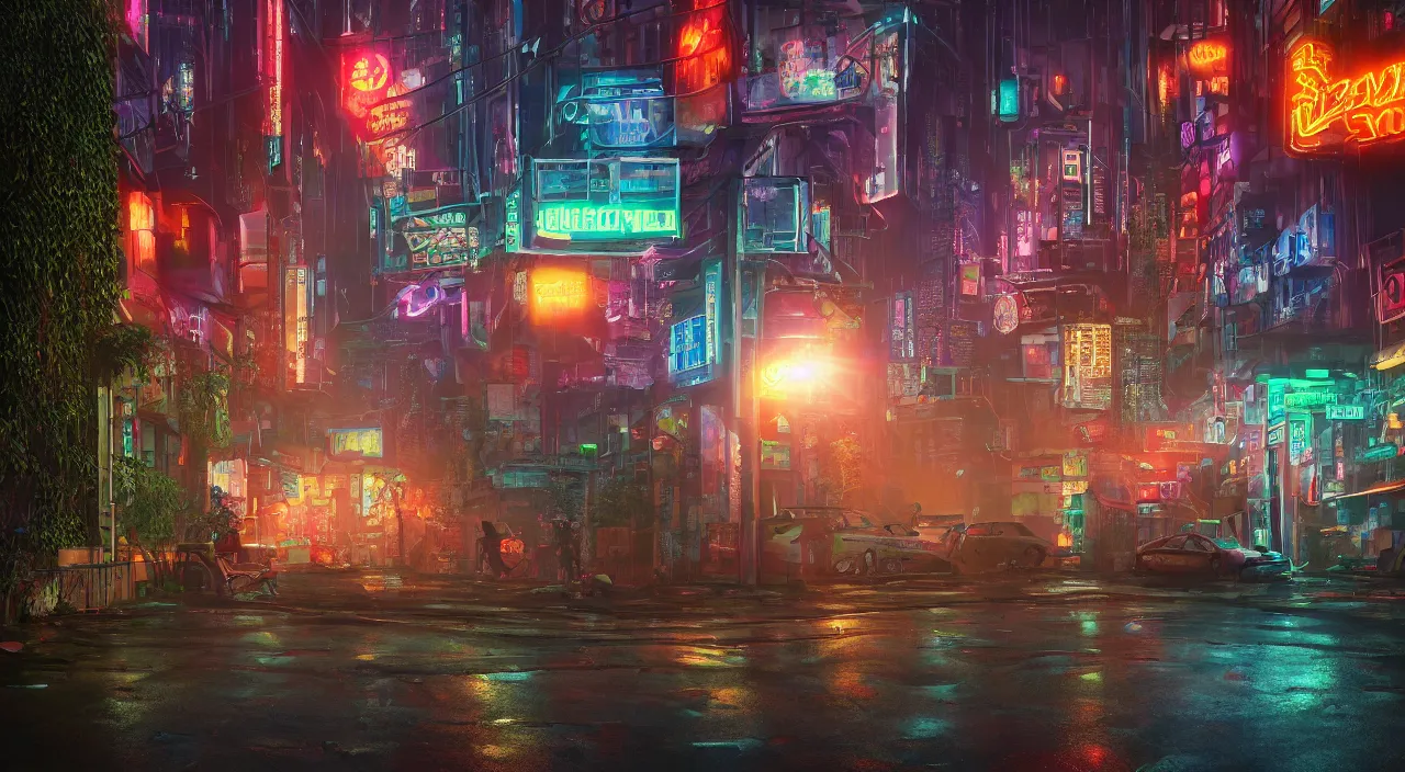 Image similar to Cyberpunk street at night, suns rays, rain, lush vegetation, junk everywhere, neon signs, magical atmosphere, mist, photo realistic, 35mm, octane render, 8k, guido borelli da caluso