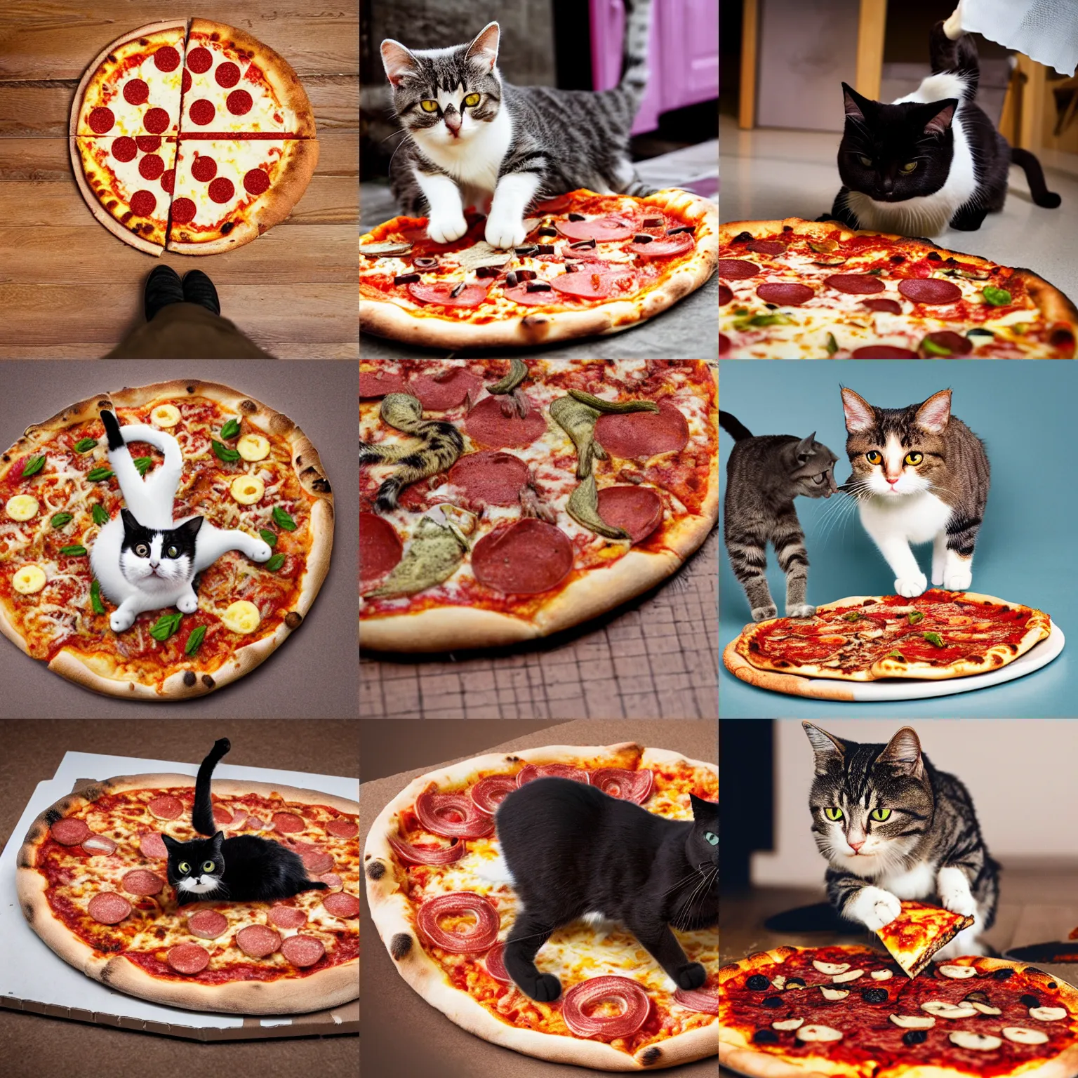 Prompt: a photograph of a cat stomping on a pizza