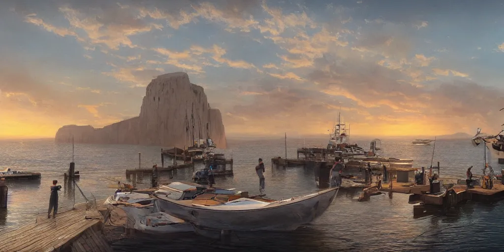 Image similar to wood dock, car on dock, big fishing boat next to the dock with waving sailors. low angle, sunrise, a mediterranean phoenician fishing village in the distance, chalk cliffs above, highly detailed, digital painting, artstation, concept art, sharp focus, illustration, art by artgerm and raphael lacoste and magali villeneuve