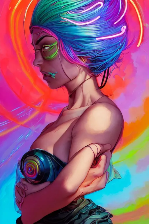 Image similar to a award winning portrait of a beautiful woman with stunning eyes in a one off shoulder croptop and cargo pants with rainbow colored hair, outlined by whirling illuminated neon lines and fine lines swirling in circles by jesper ejsing and rhads and makoto and shinkai and lois van baarle, digital art, trending on artstation