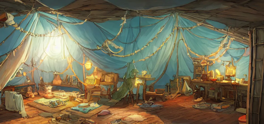 Image similar to cozy attic packed with antiques and furniture, a tent made of bedsheet lit by colorful lightbulps, intricate Details, illustration , in the style of Studio ghibli, breath of the wild, myazaki, anime, clean render, denoise, rule of thirds