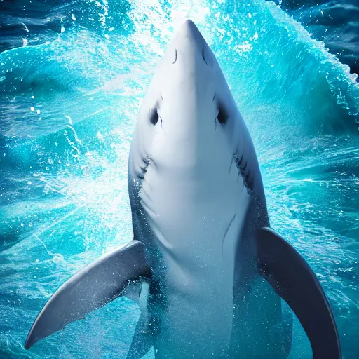 Image similar to water artwork manipulation in the shape of a giant shark, on the ocean water, ray tracing, realistic water sharp focus, long shot, 8 k resolution, cinematic, amazing water art