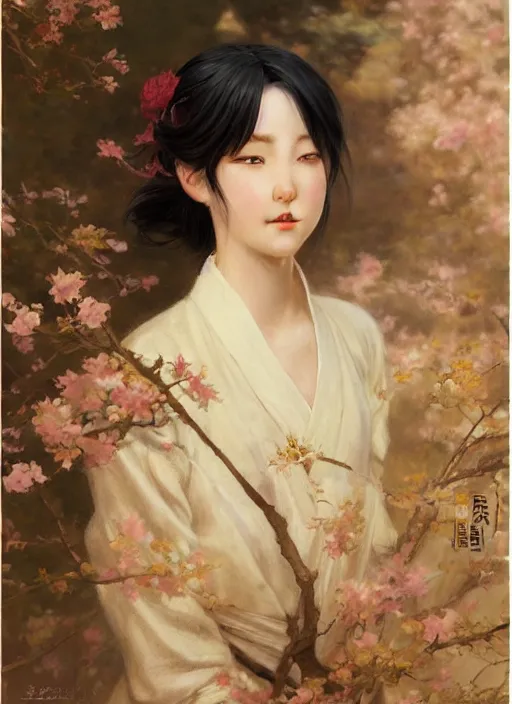 Image similar to detailed portrait of serene anime girl gwen wearing hanfu, closed eyes, natural light, painting by gaston bussiere, craig mullins, j. c. leyendecker