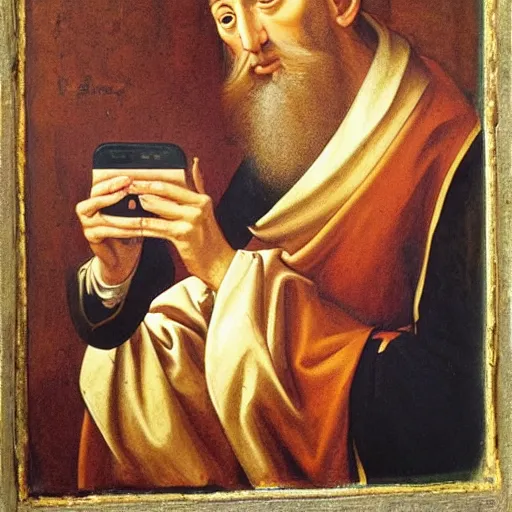 Prompt: renaissance oil painting, monk prophet holding the holy iphone mobile phone of god taking a selfie