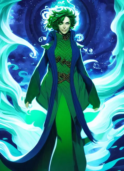 Image similar to style artgerm, joshua middleton, elizabeth hurley as a mage wearing green pelt robes, blue hair, swirling water cosmos, fantasy, dnd, cinematic lighting