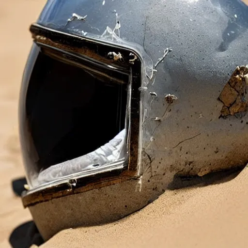 Prompt: a skull under a cracked transparent visor on an astronaut helmet, half buried in the sand
