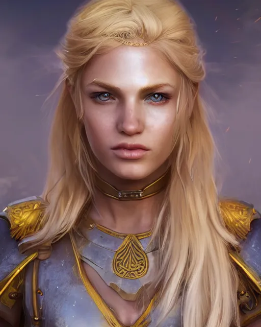 Image similar to Beautiful art portrait of a blond girl as a fantasy warrior in a bright temple, atmospheric lighting, intricate detail, cgsociety, hyperrealistic, octane render, RPG portrait, ambient light, dynamic lighting