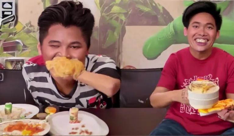 Prompt: Screencap from a mukbang video where a Filipino teenager eats a pair of sneakers