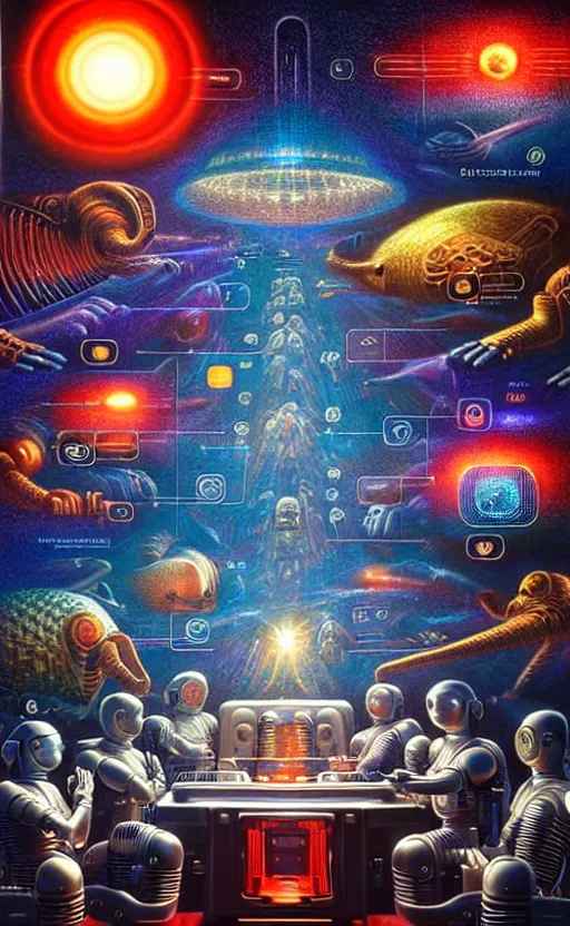 Prompt: a photorealistic detailed cinematic image of a council of artificially intelligent cyborgs explaining the origin of sentient life, emotional, compelling, by pinterest, david a. hardy, kinkade, lisa frank, wpa, public works mural, soviet propaganda, socialist