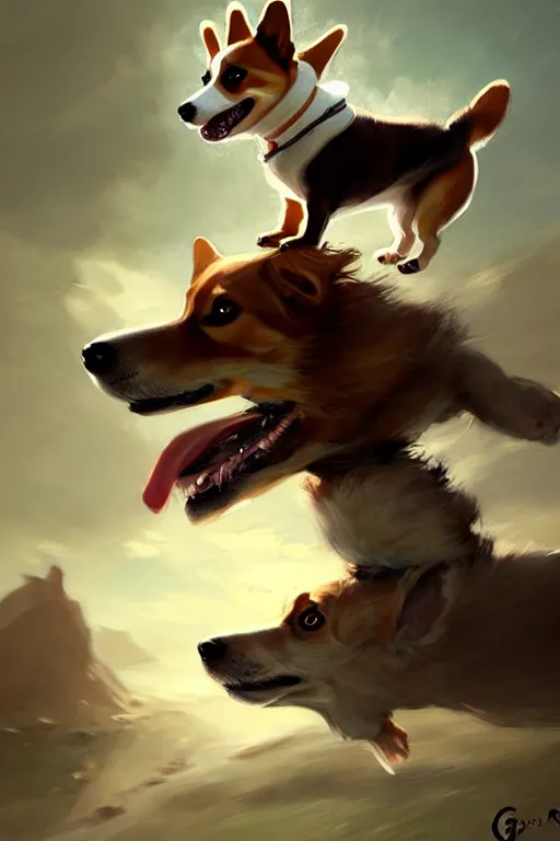 Image similar to tiny girl riding on the back of a giant corgi by greg rutkowski