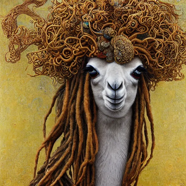 Image similar to llama with dreadlocks, by mandy jurgens, ernst haeckel, james jean. in the style of gustav klimt