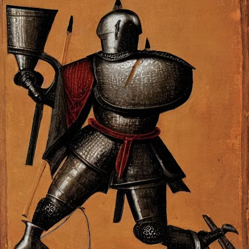 Prompt: medieval armored knight with only one arm and with a bucket on his head, painting