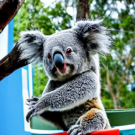 Prompt: a koala dunking a basketball