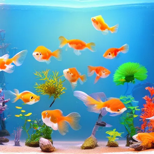 Image similar to beatiful aquarium full of cute beatiful goldfish, drawn by anime studio ghibli