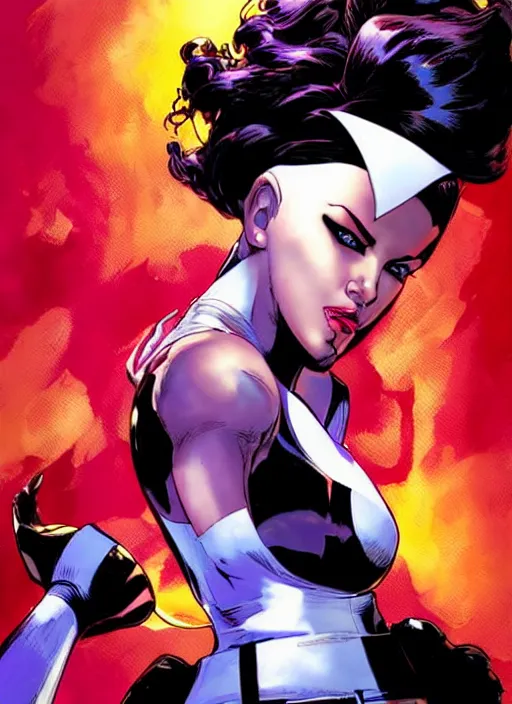 Prompt: jubilee from x-men, high contrast, concept art, dramatic lighting, portrait, facing forward, face in focus, art by Jim Lee-i