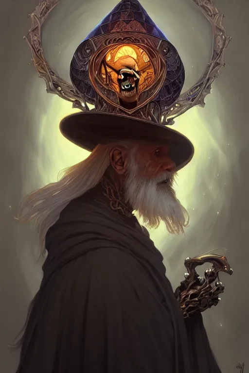 Prompt: Portrait of archmage skeleton with a wizard hat on his head, D&D, face, fantasy, intricate, elegant, highly detailed, digital painting, artstation, concept art, smooth, sharp focus, illustration, art by artgerm and greg rutkowski and alphonse mucha