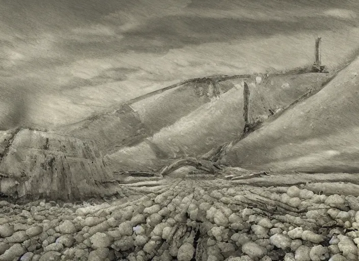 Prompt: a giant salt pale spears the land turning all to salt, sketch, landscape, detailed, disaster