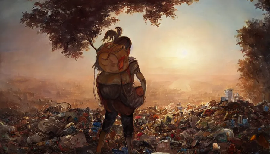 Prompt: poor detailed child with backpack looking for food at garbage dump, city is pure wasteland, sunset in background, greg rutkowski, alphonse mucha, trending on artstation, artgerm, breathtaking, sharp focus, smooth, mark arian, award winning, highly detailed 4 k art