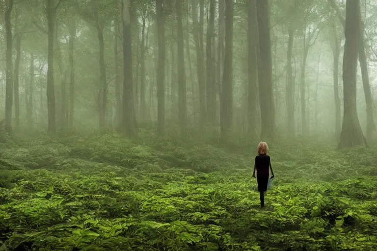 Prompt: a tourist visiting a complex organic fractal sphere floating in a lush forest, foggy, cinematic shot, photo still from movie by denis villeneuve