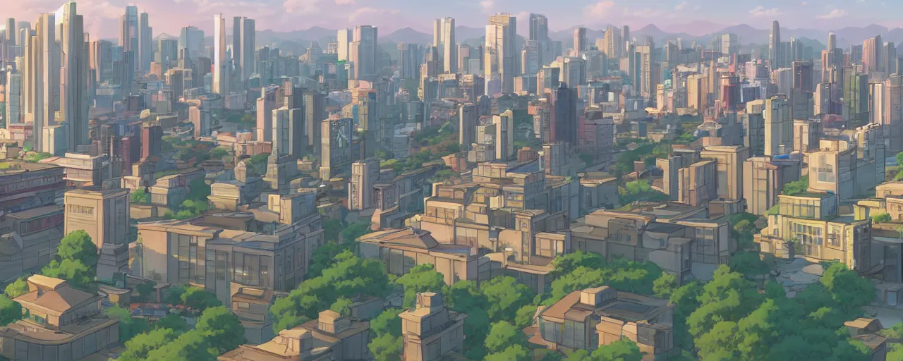 Image similar to A screenshot of the seoul city view in the scene in the Ghibli anime film, pretty rim highlights and specular