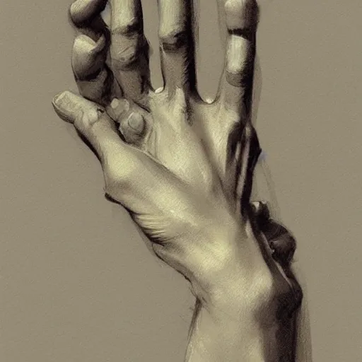 Prompt: a human hand (5 fingers) sketch, painting by Craig Mullins, 4k, octane, digital painting, artstation, concept art, sharp focus, illustration, art by artgerm and greg rutkowski and alphonse mucha,