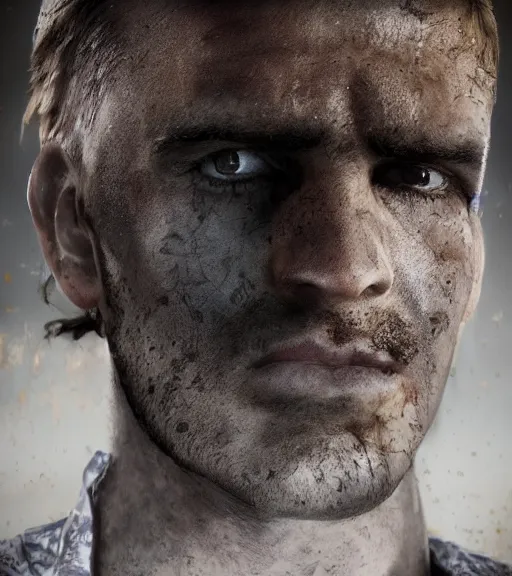 Image similar to portrait of muscular, tired and alcoholic 3 0 - year - old grieving man with short darkblonde hair, serious sad look in his eyes, looking down, dirty beard, blue eyes, crying tears, wearing dirty soldier uniform, on the desert, sad atmosphere, hyper realistic face, character art, art by mark brooks, cryengine, trending on artstation, digital art