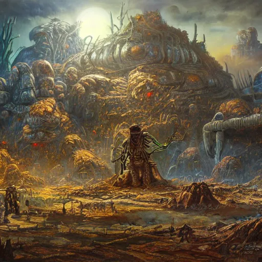 Image similar to extraterrestrial brutal warfare between rival warlords, violent, on ancient post - apocalyptic planet, jim henson creature shop, vivid and colorful, thomas kincaid, cinematic, oil painting, highly detailed, illustration