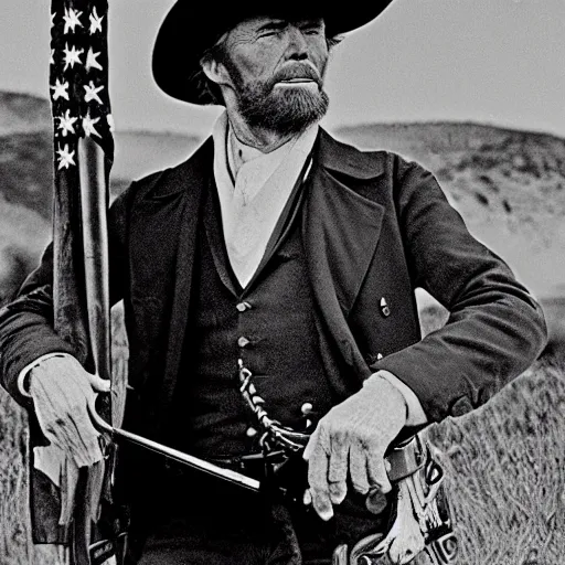 Image similar to an 1 8 0 0 s photo of donald trump playing the role of clint eastwood, squinting at high noon, in the style of a clint eastwood movie, the good, the bad and the ugly, distinguished, clint eastwood, vibe, glory days, mount rushmore, stern, resolve, formal, justice, american flag, independence, patriotism, symmetry, centered, balance